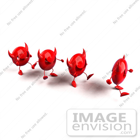 #44691 Royalty-Free (RF) Illustration of a Row Of Red 3d Devil Mascots Walking In A Line - Version 1 by Julos