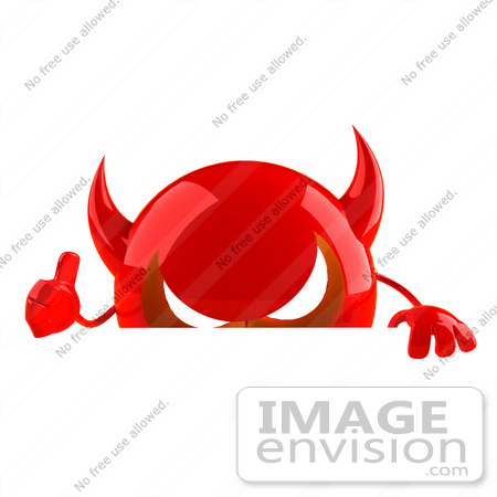 #44693 Royalty-Free (RF) Illustration of a 3d Red Devil Head Mascot Giving The Thumbs Up And Standing Behind A Blank Sign by Julos