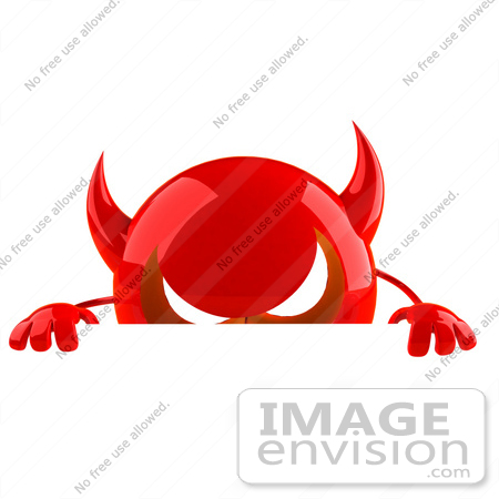#44694 Royalty-Free (RF) Illustration of a 3d Red Devil Head Mascot Standing Behind A Blank Sign by Julos