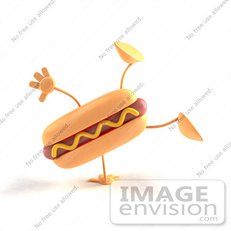 #44703 Royalty-Free (RF) Illustration of a 3d Hot Dog Mascot With Mustard Mascot Doing A Cartwheel - Version 1 by Julos