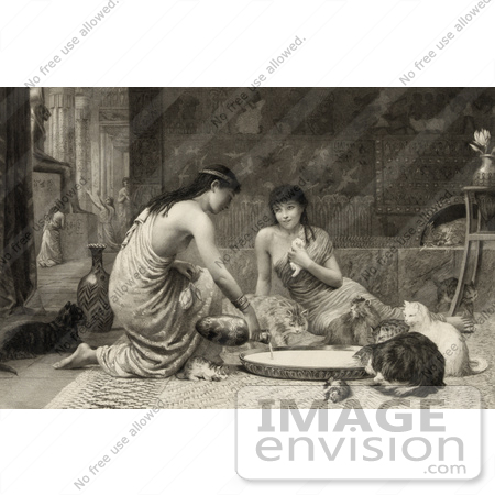 #44765 Royalty-Free Stock Illustration of a Sepia Toned Scene Of Two Young Women Feeding Kittens And Cats Around A Large Saucer by JVPD