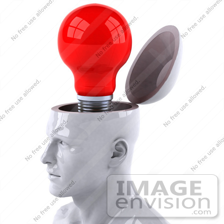 #44780 Royalty-Free (RF) Illustration of a Creative 3d White Man Character With A Red Light Bulb by Julos