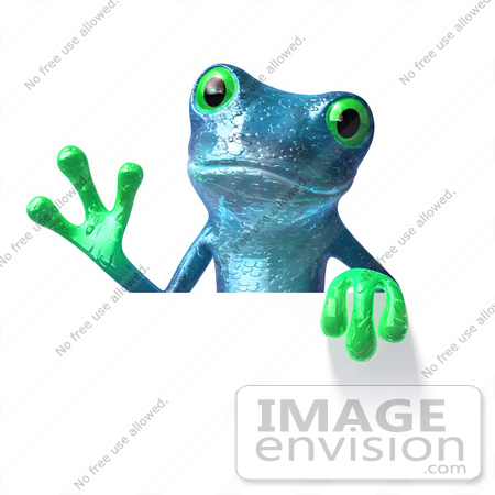 #46299 Royalty-Free (RF) Illustration of a Cute 3d Blue Tree Frog Mascot Waving And Holding A Sign by Julos
