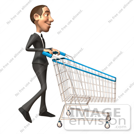 #46536 Royalty-Free (RF) Illustration Of A 3d White Corporate Businessman Mascot Pushing A Shopping Cart - Version 2 by Julos