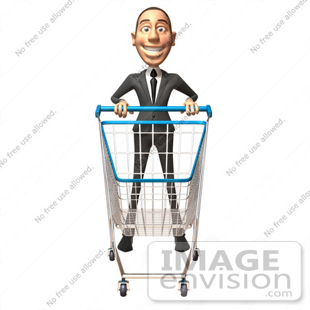 #46537 Royalty-Free (RF) Illustration Of A 3d White Corporate Businessman Mascot Pushing A Shopping Cart - Version 1 by Julos
