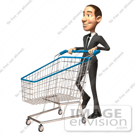 #46538 Royalty-Free (RF) Illustration Of A 3d White Corporate Businessman Mascot Pushing A Shopping Cart - Version 3 by Julos