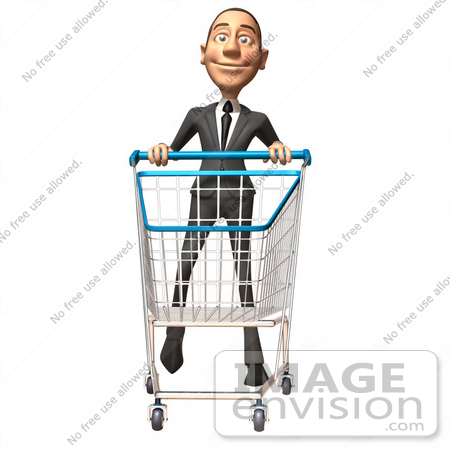 #46541 Royalty-Free (RF) Illustration Of A 3d White Corporate Businessman Mascot Pushing A Shopping Cart - Version 4 by Julos
