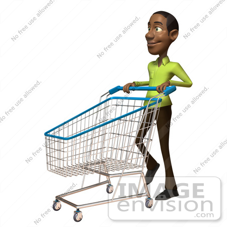 #46542 Royalty-Free (RF) Illustration Of A 3d Casual Black Man Mascot Pushing A Shopping Cart - Version 3 by Julos