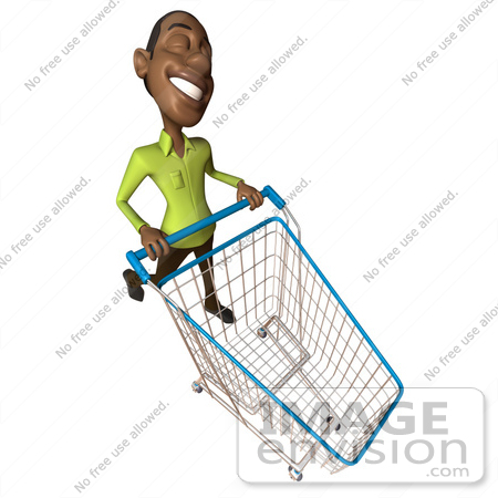 #46543 Royalty-Free (RF) Illustration Of A 3d Casual Black Man Mascot Pushing A Shopping Cart - Version 6 by Julos