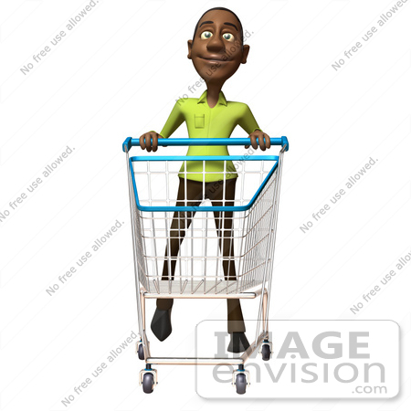 #46544 Royalty-Free (RF) Illustration Of A 3d Casual Black Man Mascot Pushing A Shopping Cart - Version 4 by Julos