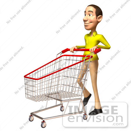 #46551 Royalty-Free (RF) Illustration Of A 3d Casual White Man Mascot Pushing A Shopping Cart - Version 2 by Julos