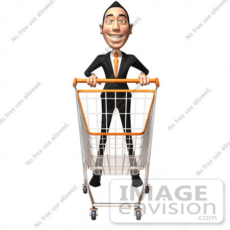 #46554 Royalty-Free (RF) Illustration Of A 3d White Businessman Mascot Pushing A Shopping Cart - Version 1 by Julos