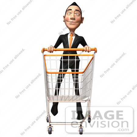 #46556 Royalty-Free (RF) Illustration Of A 3d White Businessman Mascot Pushing A Shopping Cart - Version 4 by Julos