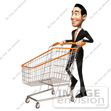 #46558 Royalty-Free (RF) Illustration Of A 3d White Businessman Mascot Pushing A Shopping Cart - Version 3 by Julos