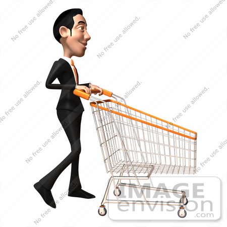 #46559 Royalty-Free (RF) Illustration Of A 3d White Businessman Mascot Pushing A Shopping Cart - Version 2 by Julos