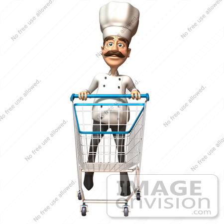 #46560 Royalty-Free (RF) Illustration Of A 3d Chef Henry Mascot Pushing A Shopping Cart - Version 3 by Julos