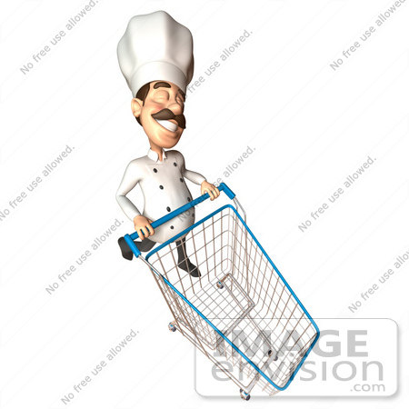 #46563 Royalty-Free (RF) Illustration Of A 3d Chef Henry Mascot Pushing A Shopping Cart - Version 1 by Julos