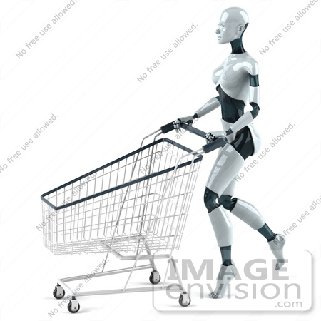#46566 Royalty-Free (RF) Illustration Of A 3d Female Robot Mascot Pushing A Shopping Cart - Version 2 by Julos