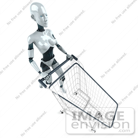 #46567 Royalty-Free (RF) Illustration Of A 3d Female Robot Mascot Pushing A Shopping Cart - Version 3 by Julos
