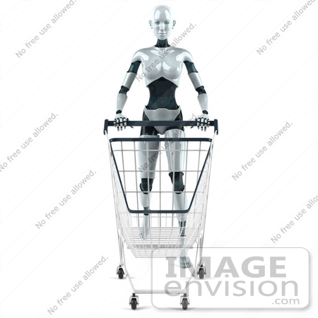 #46568 Royalty-Free (RF) Illustration Of A 3d Female Robot Mascot Pushing A Shopping Cart - Version 1 by Julos