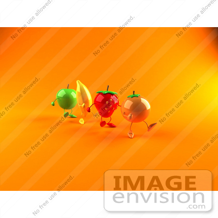#46569 Royalty-Free (RF) Illustration Of 3d Green Apple, Banana, Strawberry And Orange Mascots Marching Forward - Version 2 by Julos