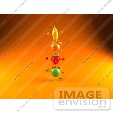 #46570 Royalty-Free (RF) Illustration Of 3d Green Apple, Banana, Strawberry And Orange Mascots Standing On Top Of Each Other - Version 3 by Julos