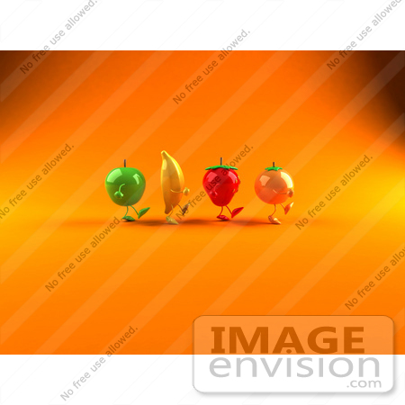 #46571 Royalty-Free (RF) Illustration Of 3d Green Apple, Banana, Strawberry And Orange Mascots Marching Right - Version 2 by Julos