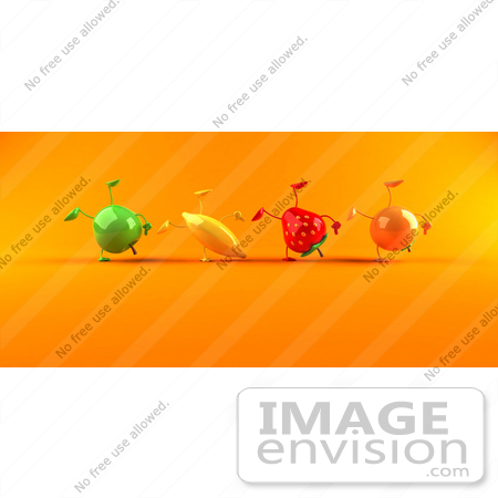 #46572 Royalty-Free (RF) Illustration Of A Line Of 3d Green Apple, Banana, Strawberry And Orange Mascots Doing Hand Stands - Version 2 by Julos