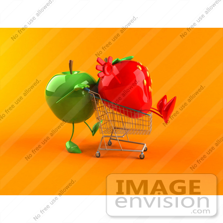 #46573 Royalty-Free (RF) Illustration Of A 3d Green Apple Mascot Pushing A Strawberry In A Shopping Cart - Version 3 by Julos
