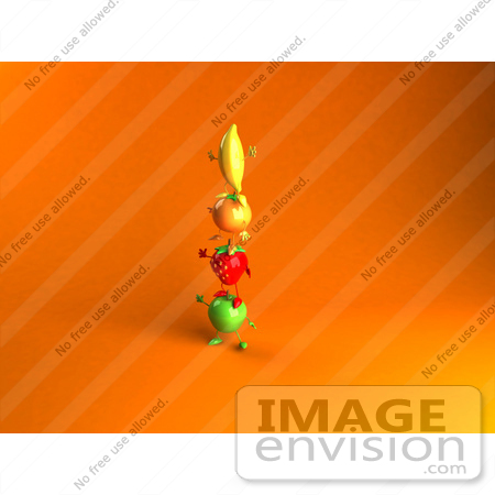 #46574 Royalty-Free (RF) Illustration Of 3d Green Apple, Banana, Strawberry And Orange Mascots Standing On Top Of Each Other - Version 4 by Julos