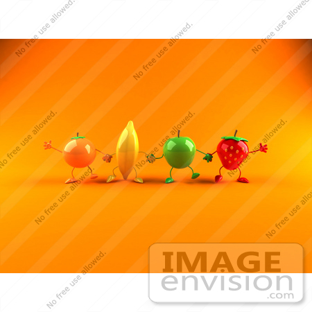 #46575 Royalty-Free (RF) Illustration Of A Line Of 3d Green Apple, Banana, Strawberry And Orange Mascots Waving And Holding Hands by Julos