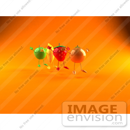 #46576 Royalty-Free (RF) Illustration Of 3d Green Apple, Banana, Strawberry And Orange Mascots Jumping In A Line - Version 3 by Julos
