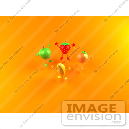 #46577 Royalty-Free (RF) Illustration Of A 3d Green Apple, Banana, Strawberry And Orange Mascots Jumping In A Circle - Version 2 by Julos