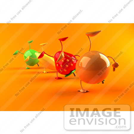 #46579 Royalty-Free (RF) Illustration Of 3d Green Apple, Banana, Strawberry And Orange Mascots Doing Cartwheels In A Line - Version 2 by Julos