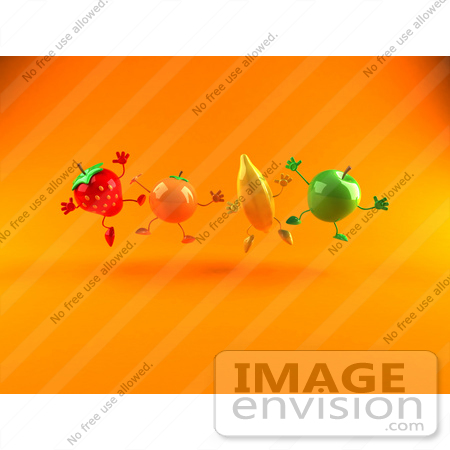 #46580 Royalty-Free (RF) Illustration Of A Line Of 3d Green Apple, Banana, Strawberry And Orange Mascots Leaping by Julos