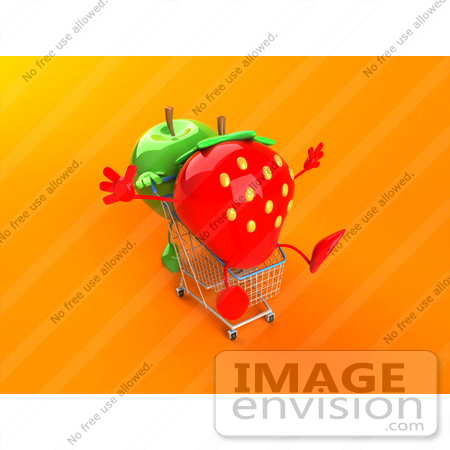 #46581 Royalty-Free (RF) Illustration Of A 3d Green Apple Mascot Pushing A Strawberry In A Shopping Cart - Version 4 by Julos