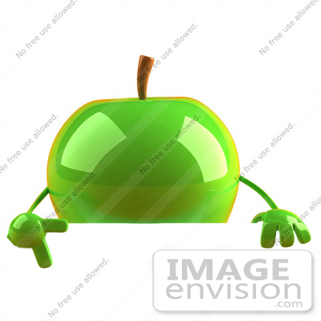 #46587 Royalty-Free (RF) Illustration Of A 3d Green Apple Mascot Pointing To And Standing Behind A Blank Sign by Julos
