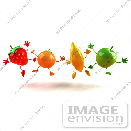 #46593 Royalty-Free (RF) Illustration Of A Line Of 3d Orange, Banana, Green Apple And Strawberry Mascots Jumping by Julos