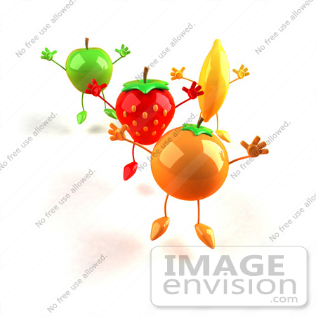 #46594 Royalty-Free (RF) Illustration Of 3d Green Apple, Banana, Strawberry And Orange Mascots Jumping In A Line - Version 1 by Julos