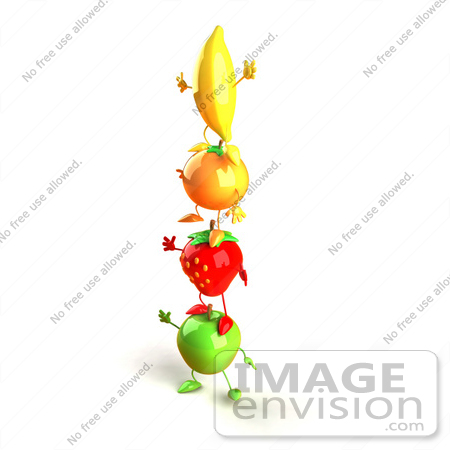 #46595 Royalty-Free (RF) Illustration Of 3d Green Apple, Banana, Strawberry And Orange Mascots Standing On Top Of Each Other - Version 1 by Julos