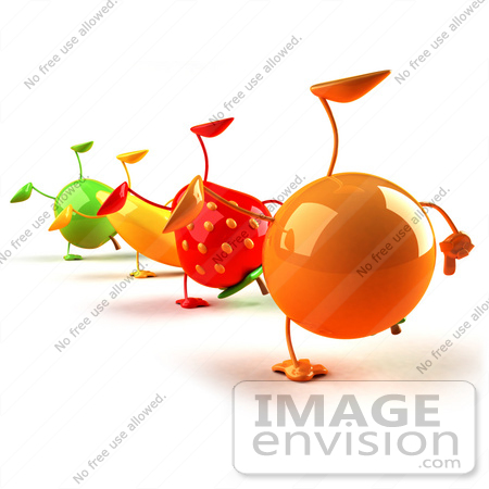 #46596 Royalty-Free (RF) Illustration Of 3d Green Apple, Banana, Strawberry And Orange Mascots Doing Cartwheels In A Line - Version 1 by Julos