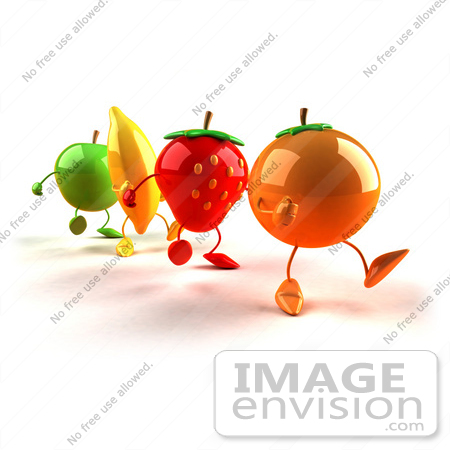 #46599 Royalty-Free (RF) Illustration Of 3d Green Apple, Banana, Strawberry And Orange Mascots Marching Forward - Version 1 by Julos