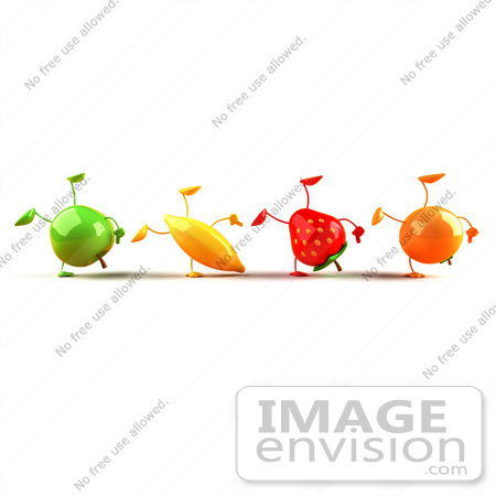 #46601 Royalty-Free (RF) Illustration Of A Line Of 3d Green Apple, Banana, Strawberry And Orange Mascots Doing Hand Stands - Version 1 by Julos
