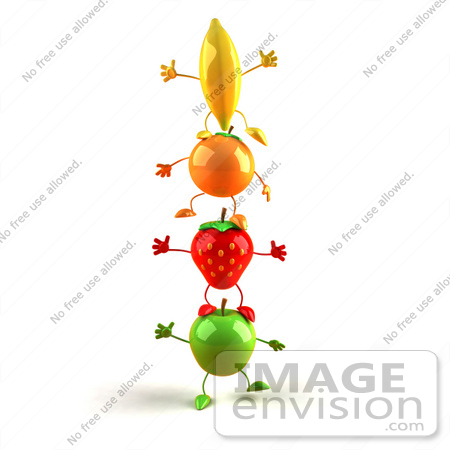#46602 Royalty-Free (RF) Illustration Of 3d Green Apple, Banana, Strawberry And Orange Mascots Standing On Top Of Each Other - Version 2 by Julos