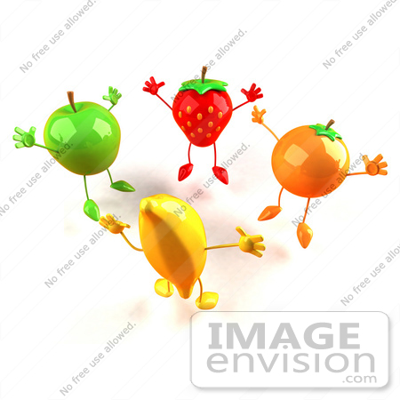 #46604 Royalty-Free (RF) Illustration Of 3d Green Apple, Banana, Strawberry And Orange Mascots Jumping In A Circle - Version 1 by Julos