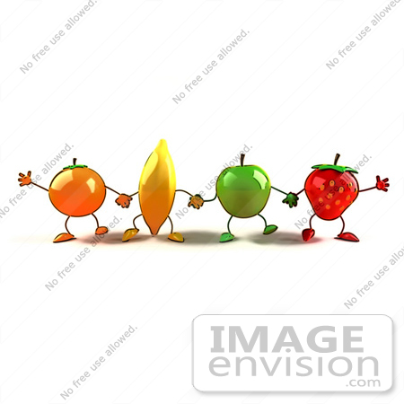 #46605 Royalty-Free (RF) Illustration Of A Line Of Orange, Banana, Green Apple And Strawberry Mascots Holding Hands by Julos