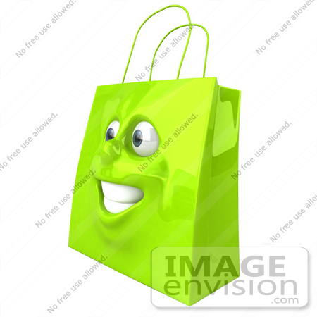 #46613 Royalty-Free (RF) Illustration Of A 3d Green Shiny Happy Shopping Bag Head by Julos