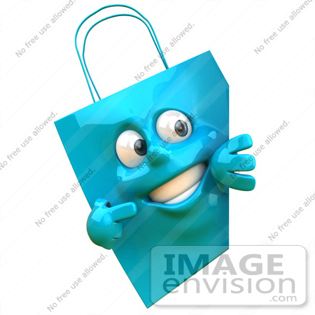 #46617 Royalty-Free (RF) Illustration Of A 3d Blue Shopping Bag Mascot Smiling And Pointing To A Blank Sign by Julos