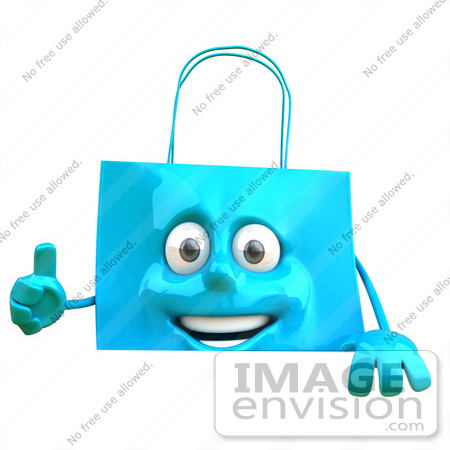 #46620 Royalty-Free (RF) Illustration Of A 3d Blue Shopping Bag Mascot Holding A Sign With A Thumb Up by Julos