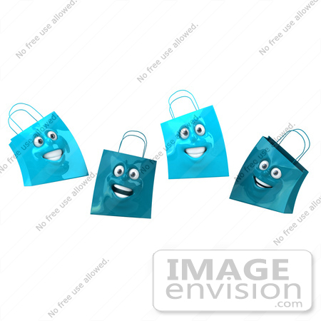 #46624 Royalty-Free (RF) Illustration Of A 3d Group Of Four Happy Blue Shopping Bag Faces by Julos